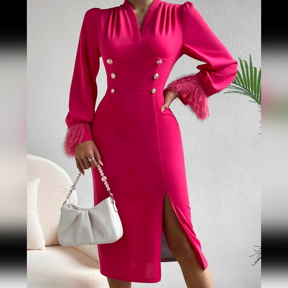 New Hot pink Fuzzy cuff Split Hem Fitted Dress